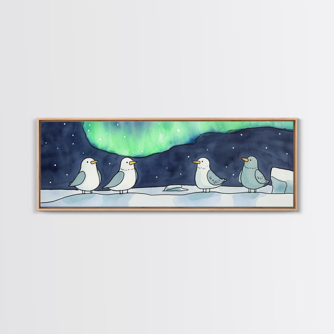 Penguins Under Northern Lights Canvas Print, Arctic Bird Wall Art, Winter Nursery Decor, Celestial Christmas Gift For Her