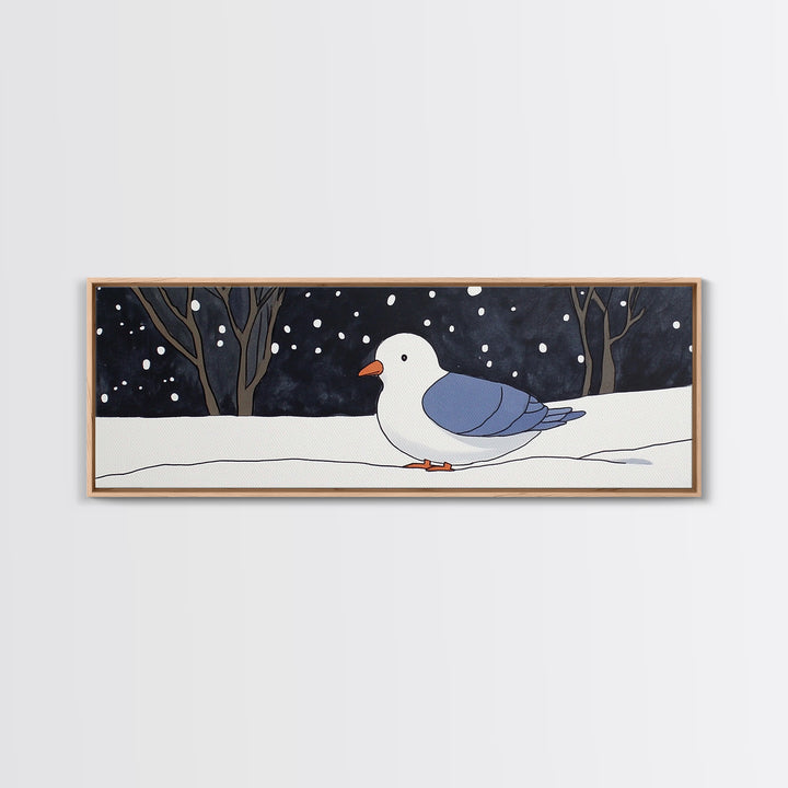 Snowy White Bird In Winter Forest Wall Art, Cozy Nursery Decor, Scandinavian Nature Print, Minimalist Bedroom Poster Gift
