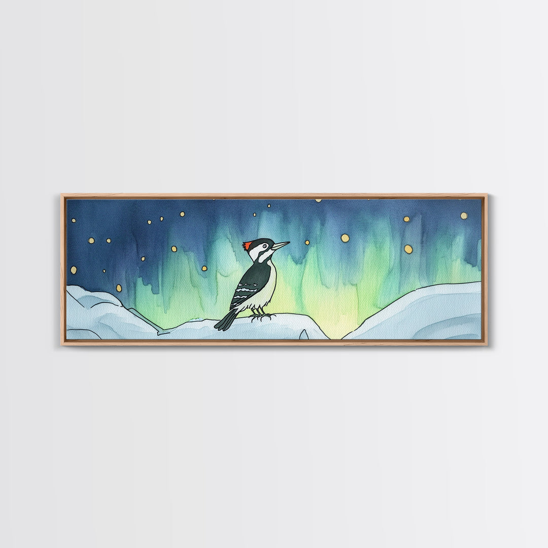 Aurora Woodpecker On Snowy Branch Canvas Print, Nordic Bird Wall Decor, Wildlife Art Print, Winter Nursery Decor Gift For Bird Lovers