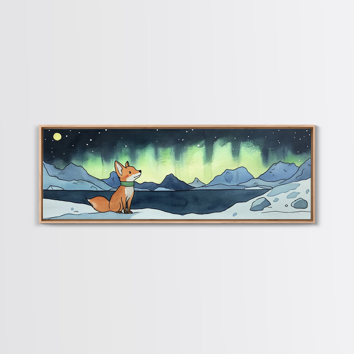 Fox Under Northern Lights By Mountain Lake Wall Art, Winter Landscape Print, Woodland Animal Decor, Cozy Cabin Gift For Nature Lovers