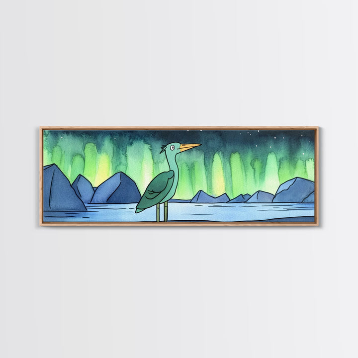 Green Heron Beneath Northern Lights Canvas Print, Arctic Lake Landscape Wall Decor, Japandi Bird Art, Modern Nursery Gift