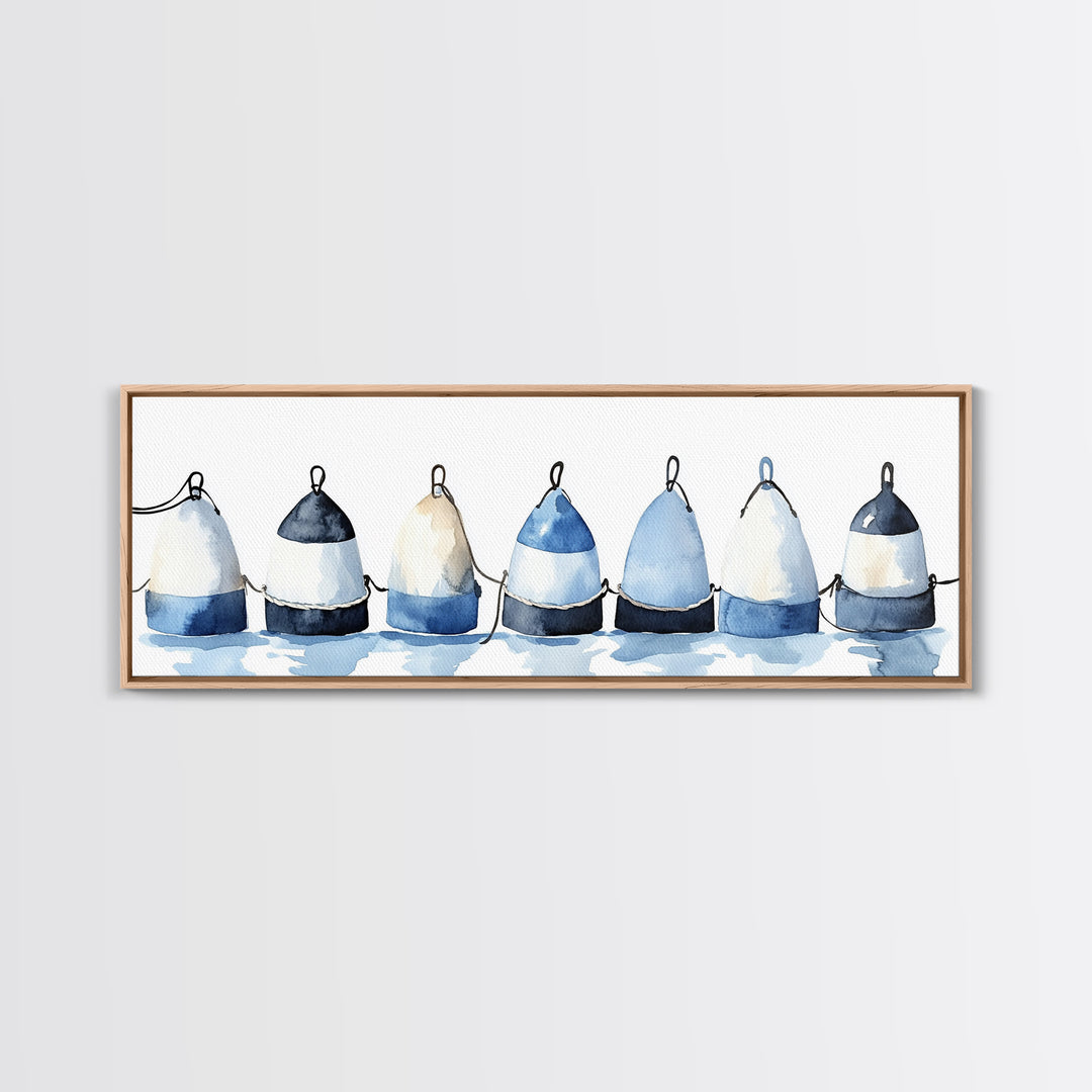 Blue And White Fishing Buoys Wall Art, Nautical Canvas Print, Coastal Bathroom Decor, Beach House Gallery Print, Ocean Wall Decor