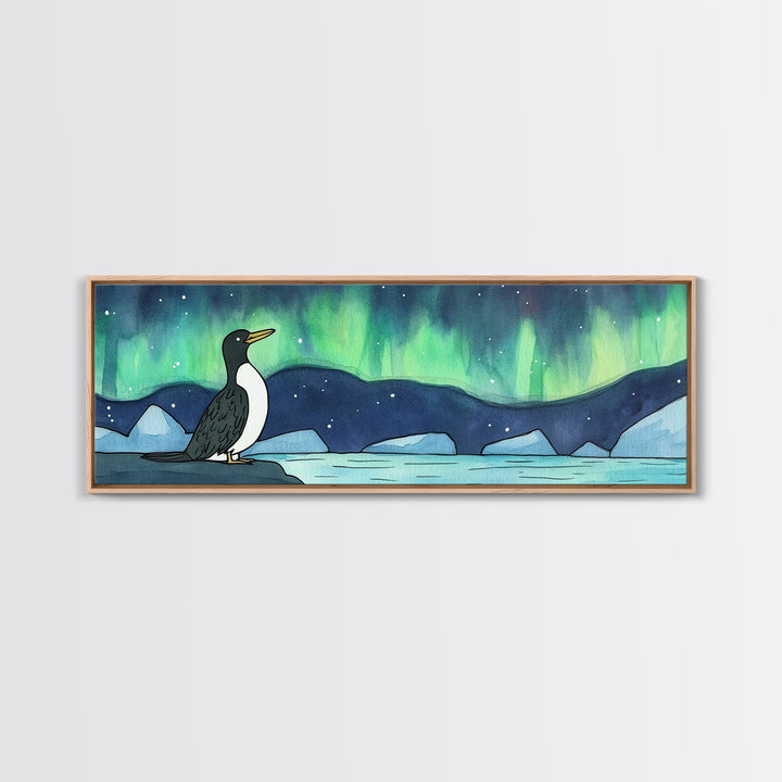 Penguin Under Northern Lights Wall Art, Arctic Bird Canvas Print, Whimsical Nursery Decor, Winter Ocean Landscape Art Print