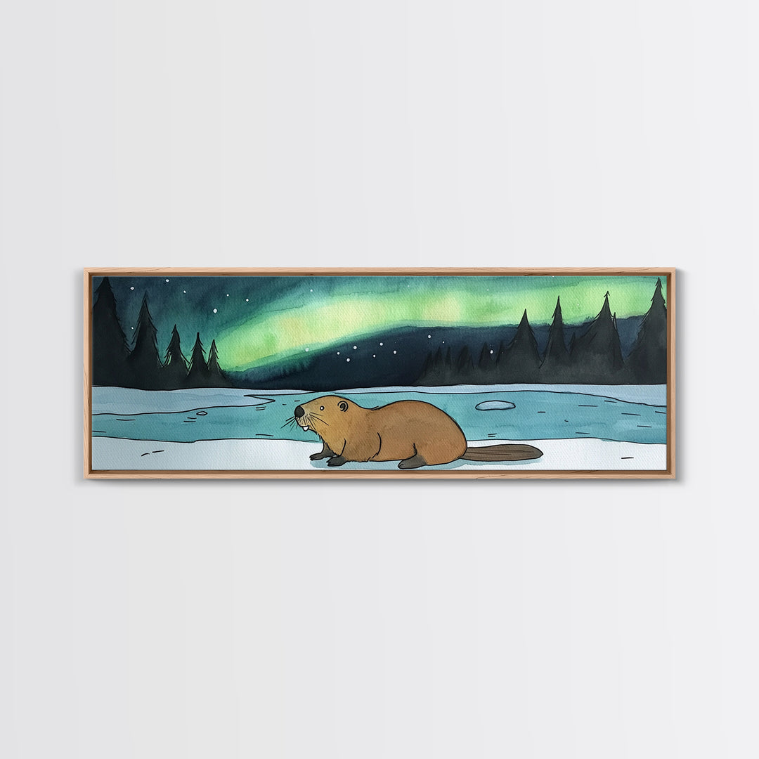 Beaver By Frozen Lake Wall Art, Northern Lights Canvas Print, Woodland Animal Decor, Rustic Cabin Winter Landscape Art Print