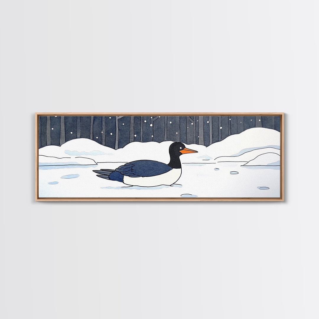 Black And White Duck In Snow Wall Art, Winter Bird Canvas Print, Minimalist Nursery Decor, Cozy Lake House Wildlife Art Print