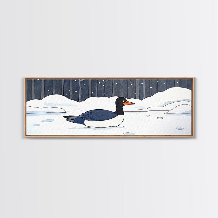Black And White Duck In Snow Wall Art, Winter Bird Canvas Print, Minimalist Nursery Decor, Cozy Lake House Wildlife Art Print