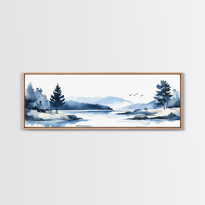 Blue Winter Lake And Pine Trees Wall Art, Watercolor Mountain Landscape Print, Coastal Cabin Decor, Serene Living Room Art