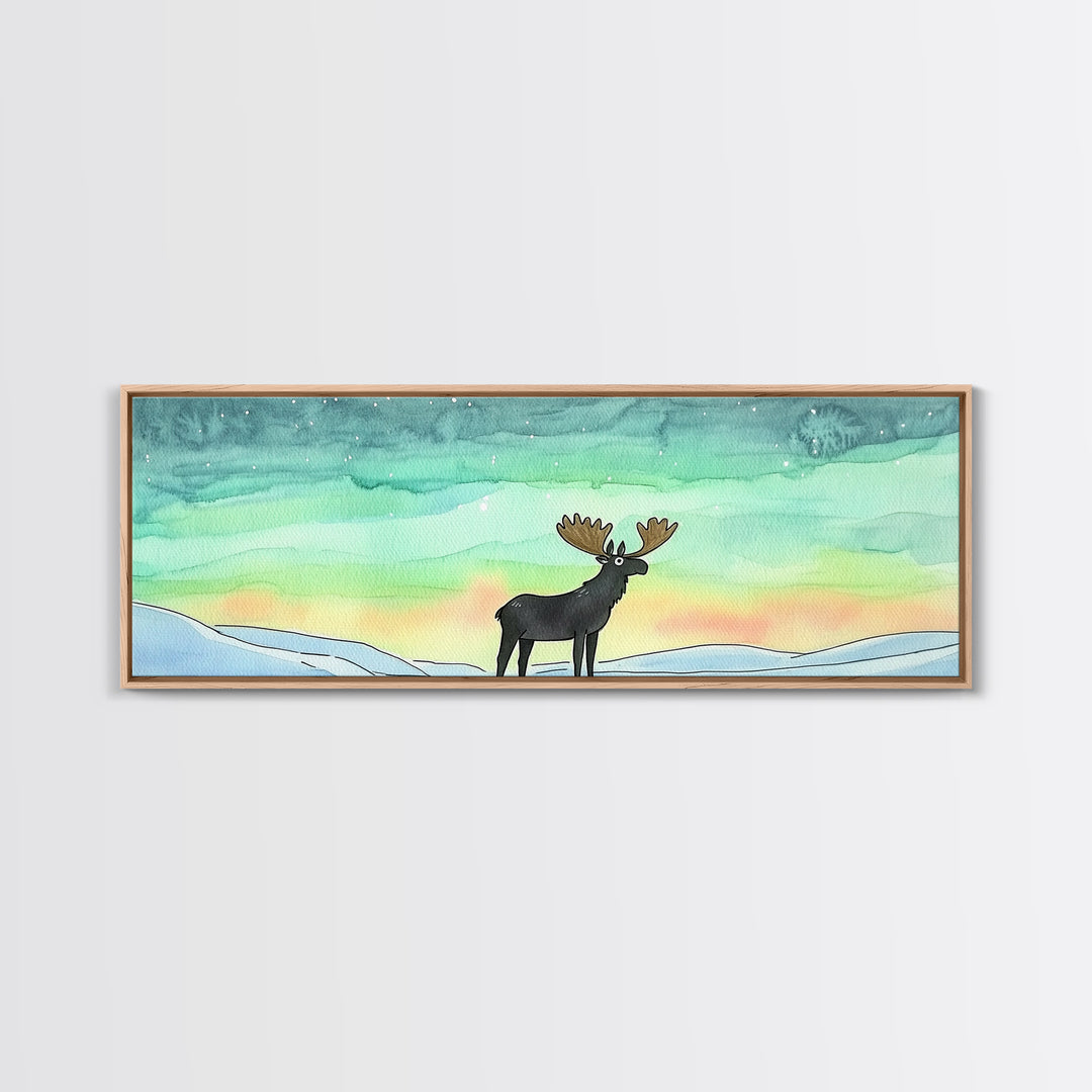 Moose Beneath Northern Lights Framed Canvas Print, Aurora Borealis Wall Art, Winter Wildlife Decor, Cabin Nursery Art Gift