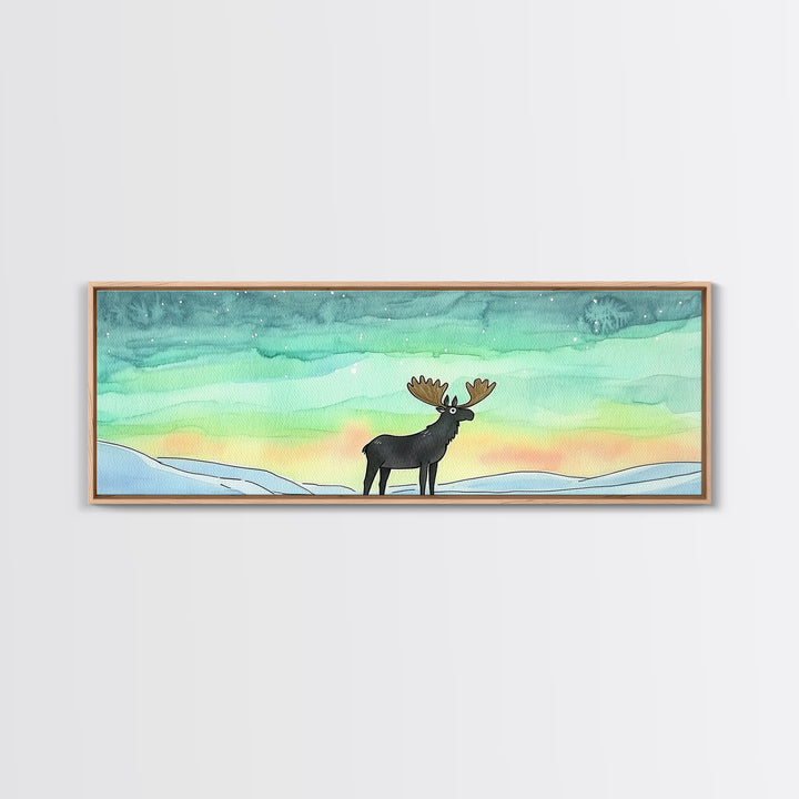 Moose Beneath Northern Lights Framed Canvas Print, Aurora Borealis Wall Art, Winter Wildlife Decor, Cabin Nursery Art Gift
