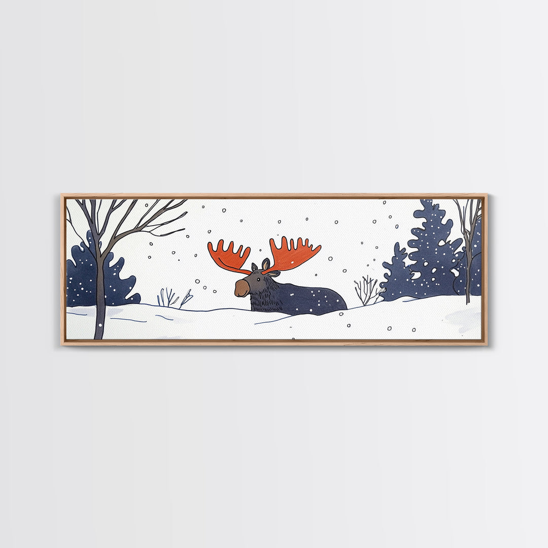 Whimsical Moose In Falling Snow Wall Art, Winter Animal Canvas Print, Cute Nursery Room Decor, Woodland Cabin Gift For Kids