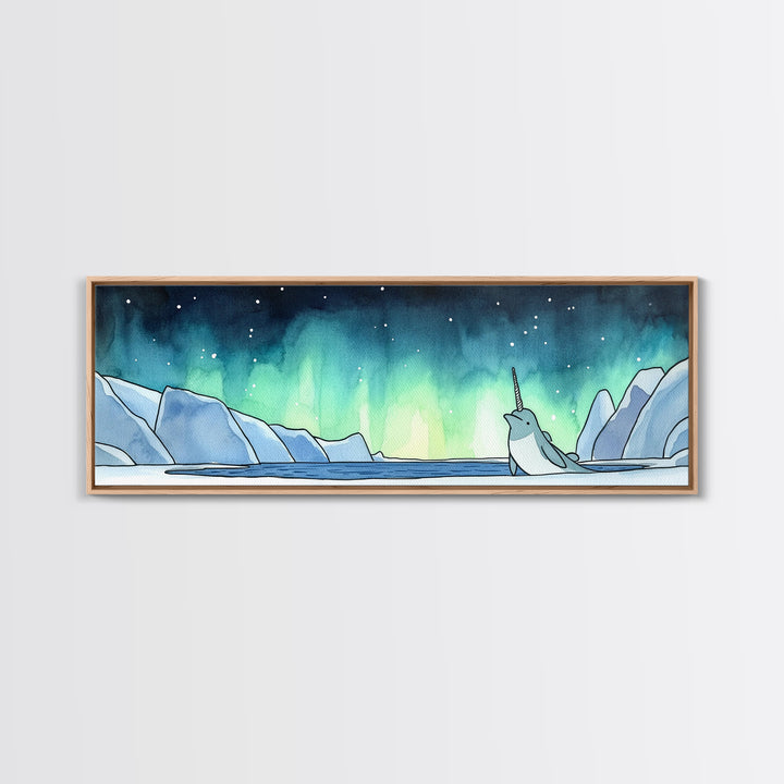 Narwhal In Icy Arctic Waters Wall Art, Northern Lights Ocean Print, Whimsical Nursery Decor, Coastal Kids Room Art Gift