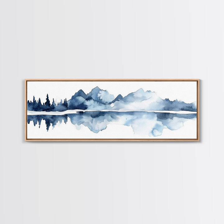 Blue Mountain Lake Reflection Canvas Print, Watercolor Landscape Wall Art, Modern Coastal Decor, Calm Living Room Art Print