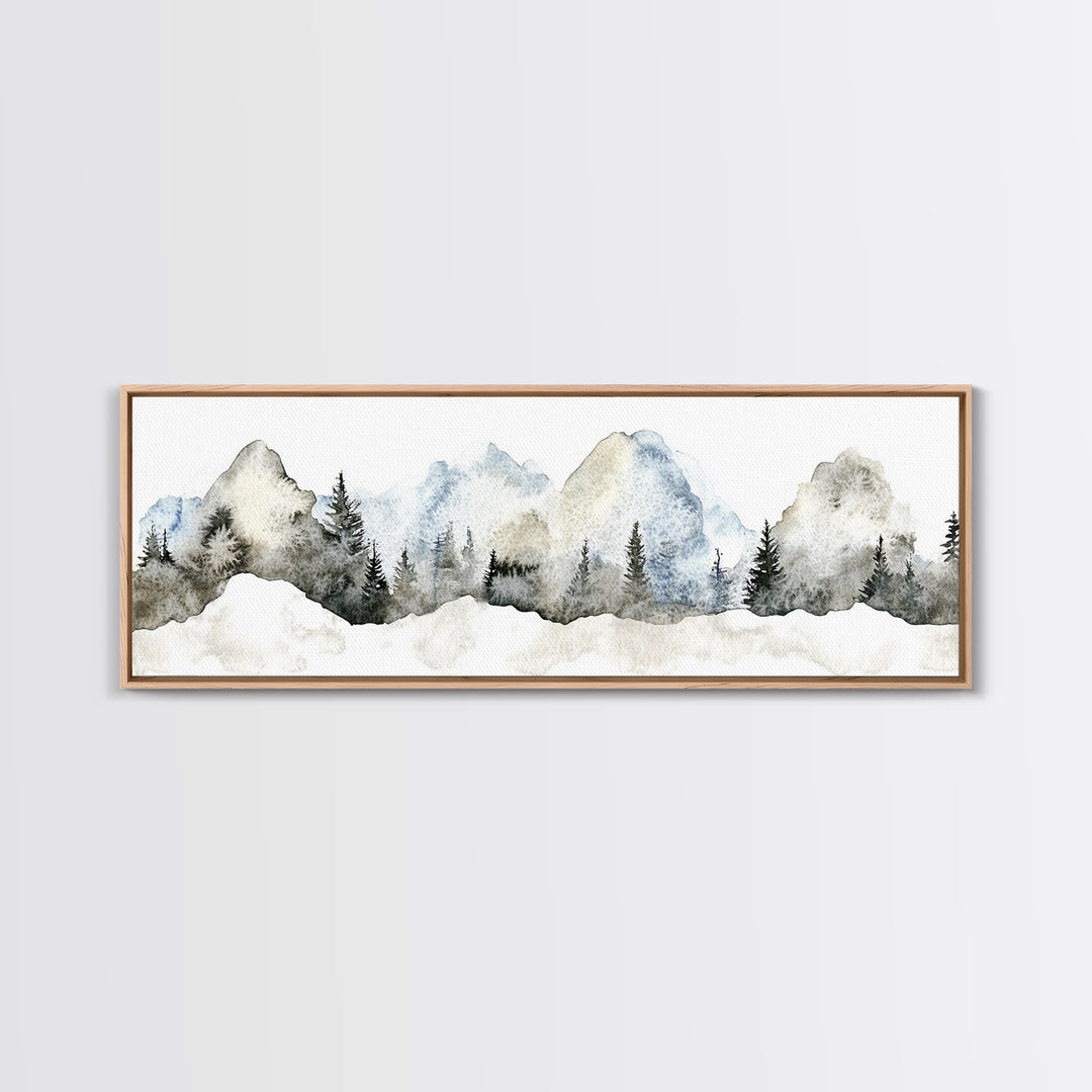Misty Blue Mountains With Evergreen Pines Wall Art, Watercolor Landscape Print, Neutral Nature Decor, Japandi Bedroom Art