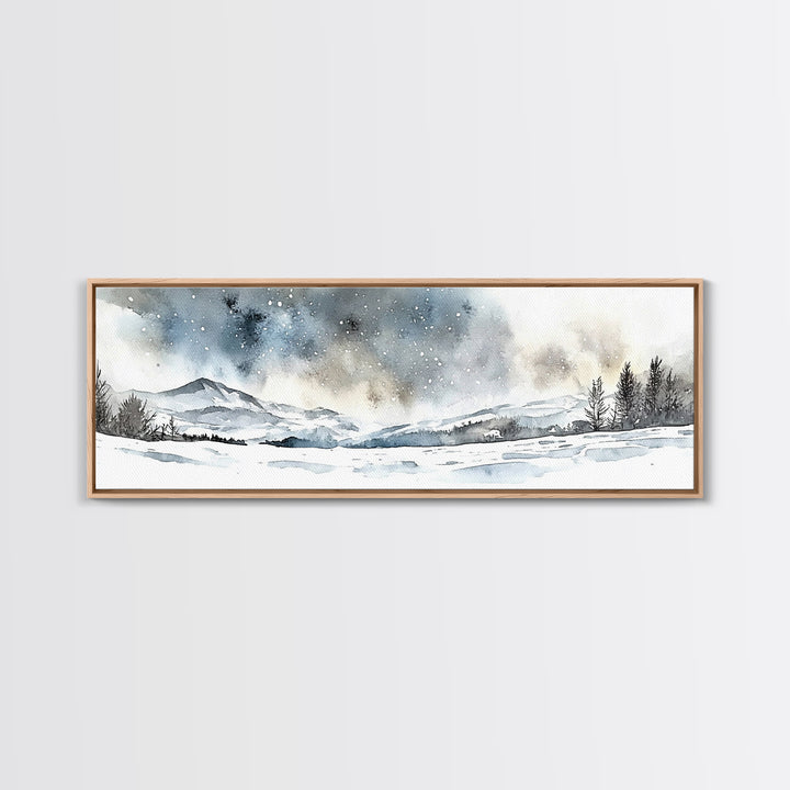 Snowy Mountain Valley Beneath Starry Sky Wall Art, Winter Landscape Painting, Rustic Nature Decor, Cabin Wall Decor Gift