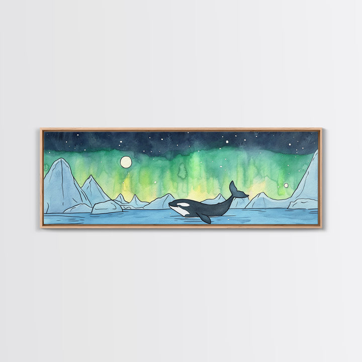 Orca Whale Under Northern Lights Wall Art, Arctic Seascape Canvas Print, Ocean Animal Art, Nautical Nursery Decor Gift Idea