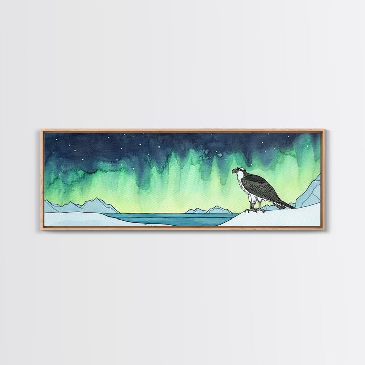 Osprey Over Icy Shore And Northern Lights Wall Art, Arctic Bird Canvas Print, Wildlife Nature Decor, Rustic Cabin Gift For Him