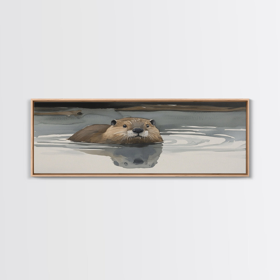 Swimming Otter In Moody Water Wall Art, Wildlife Canvas Print, Cozy Cabin Rustic Lake House Decor, Animal Lover Gift For Her