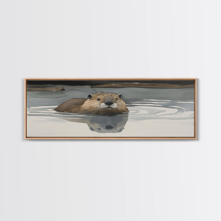 Swimming Otter In Moody Water Wall Art, Wildlife Canvas Print, Cozy Cabin Rustic Lake House Decor, Animal Lover Gift For Her