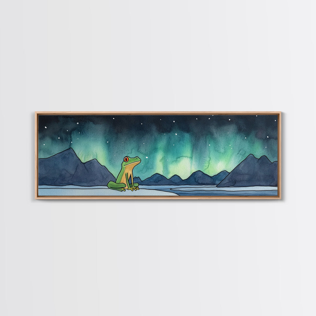 Green Frog Under Northern Lights Wall Art, Whimsical Animal Print, Mountain Lake Nursery Decor, Kids Room Wall Decor Gift