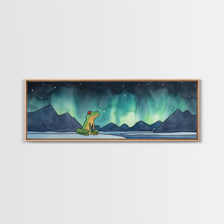 Green Frog Under Northern Lights Wall Art, Whimsical Animal Print, Mountain Lake Nursery Decor, Kids Room Wall Decor Gift