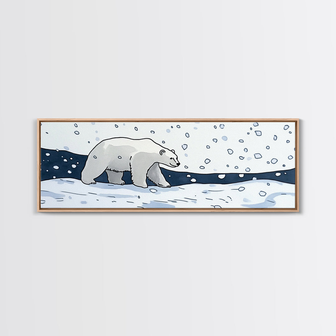Polar Bear Walking In Falling Snow Canvas Print, Arctic Animal Wall Art, Winter Nursery Decor, Kids Room Wall Decor, Cabin Gift For Her
