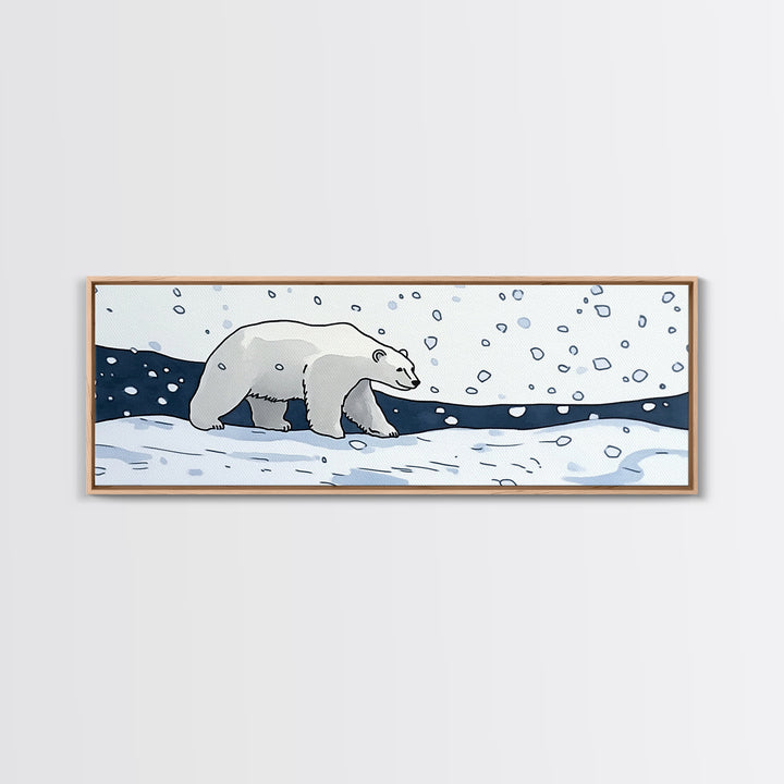 Polar Bear Walking In Falling Snow Canvas Print, Arctic Animal Wall Art, Winter Nursery Decor, Kids Room Wall Decor, Cabin Gift For Her