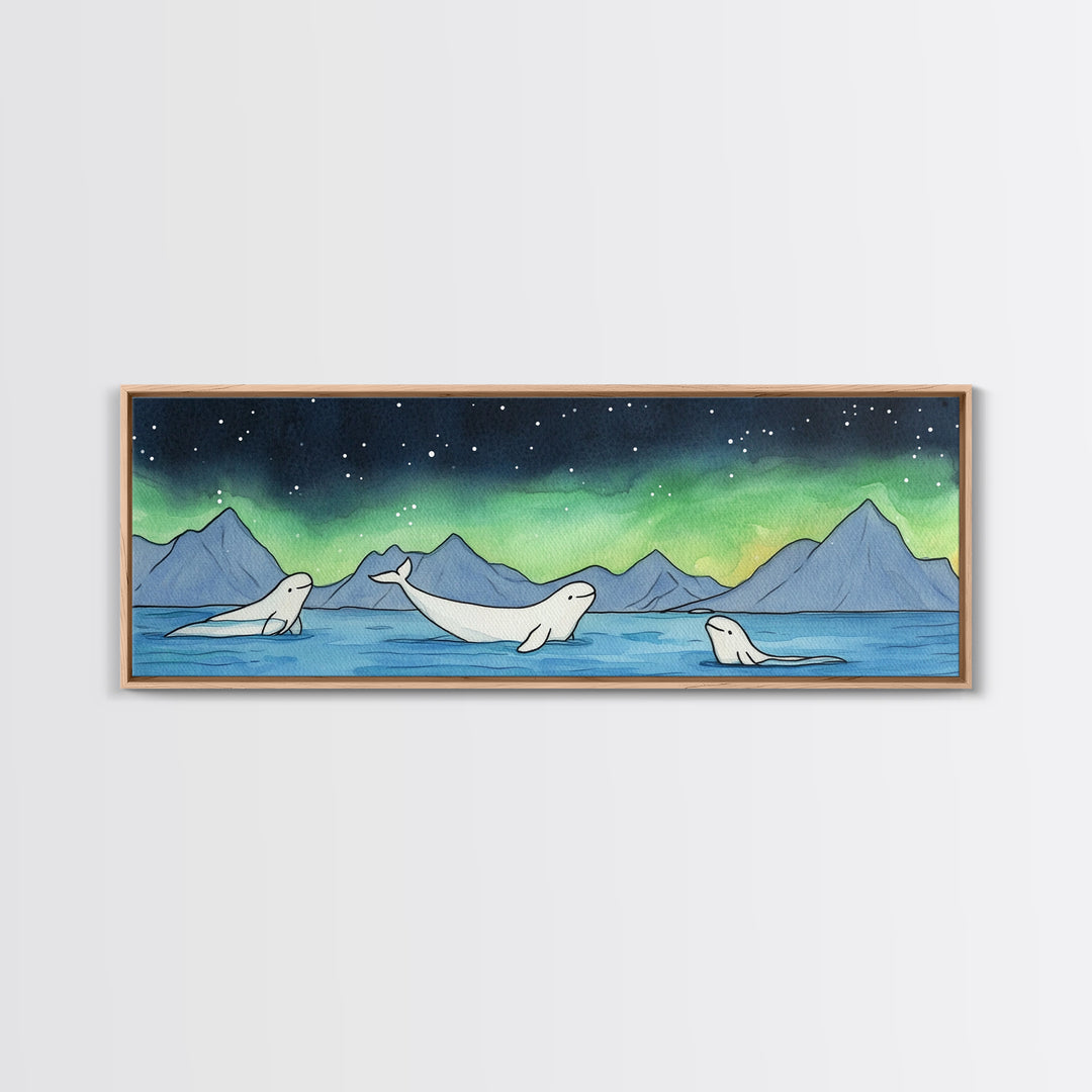 Beluga Whales Under Northern Lights Wall Art, Arctic Ocean Canvas Print, Wildlife Nursery Decor, Coastal Kids Room Art Print