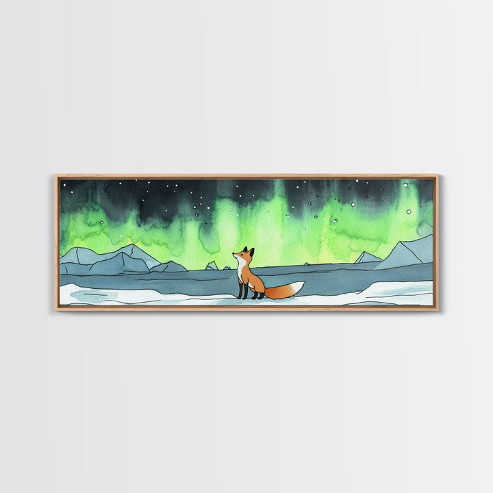 Fox Watching Northern Lights Wall Art, Arctic Wildlife Canvas Print, Woodland Animal Nursery Decor, Winter Landscape Print