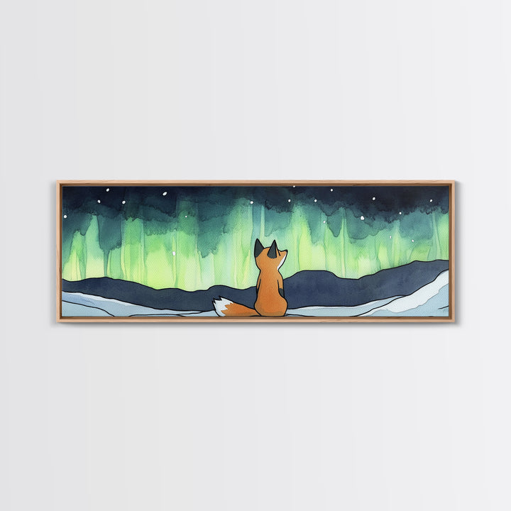 Fox Beneath Aurora Borealis Canvas Print, Winter Woodland Wall Art, Arctic Animal Decor, Cozy Nursery Art Print, Kids Room Decor