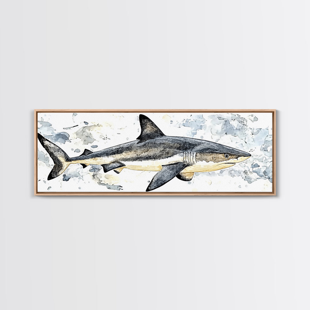Great White Shark Watercolor Canvas Print, Ocean Wildlife Wall Art, Nautical Bathroom Decor, Coastal Kids Room Art Print