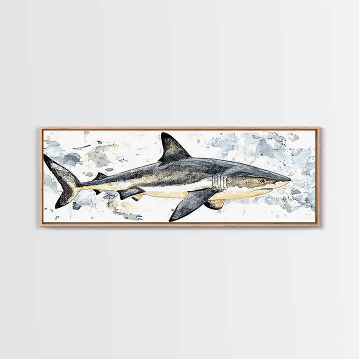 Great White Shark Watercolor Canvas Print, Ocean Wildlife Wall Art, Nautical Bathroom Decor, Coastal Kids Room Art Print