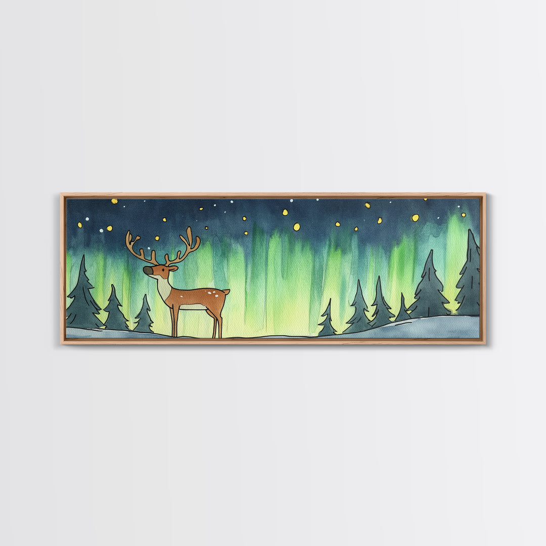 Deer Under Northern Lights Wall Art, Winter Forest Canvas Print, Rustic Wildlife Decor, Woodland Nursery Art Print, Cabin Wall Decor