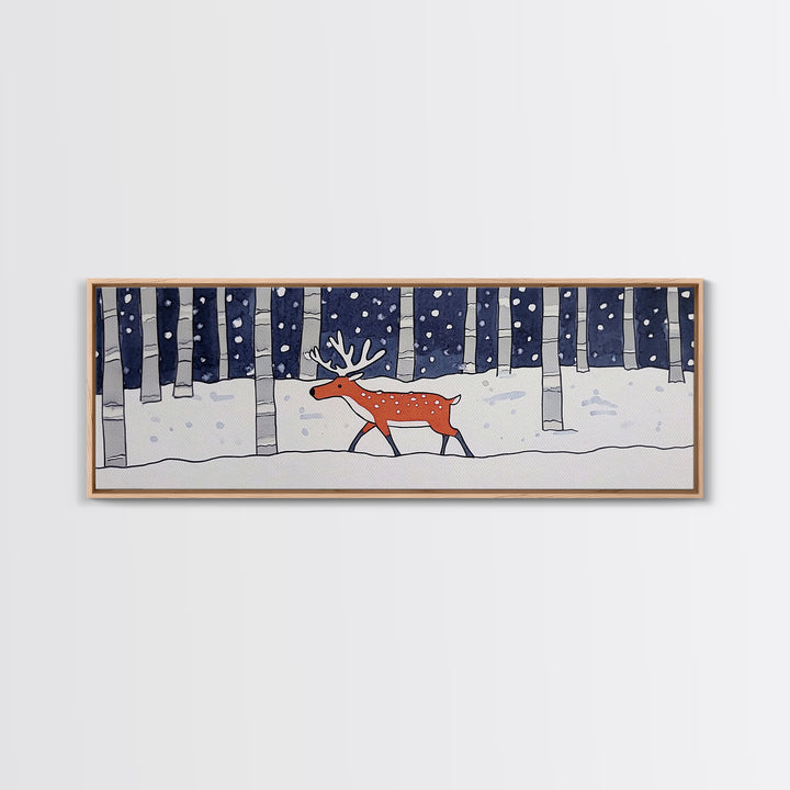 Snowy Birch Forest Reindeer Wall Art, Whimsical Woodland Animal Print, Winter Nursery Decor, Rustic Cabin Home Decor Gift