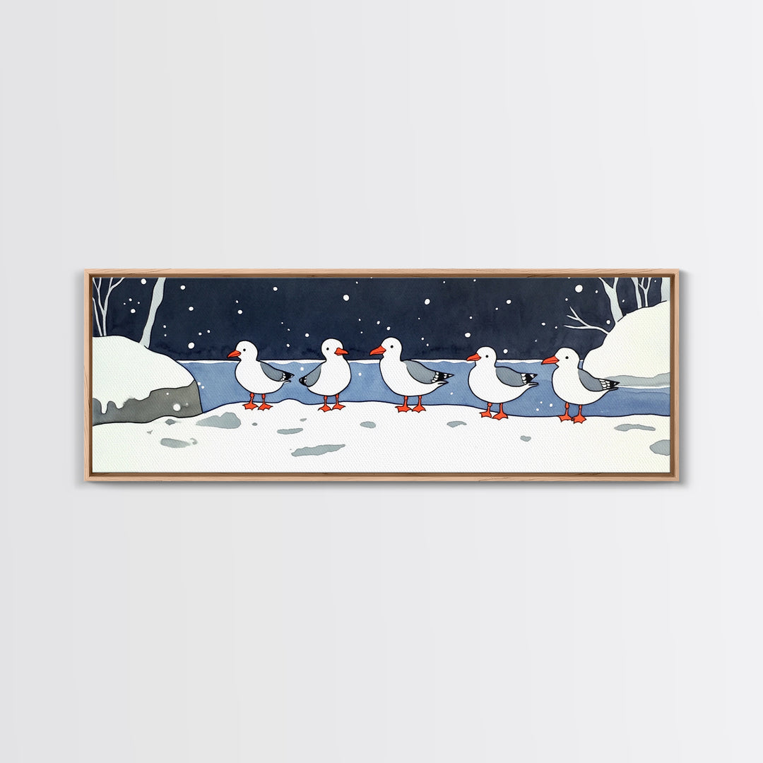 Snowy Ducks In Winter Pond Wall Art, Whimsical Bird Print, Farmhouse Cabin Decor, Cute Animal Nursery Wall Decor Gift Idea
