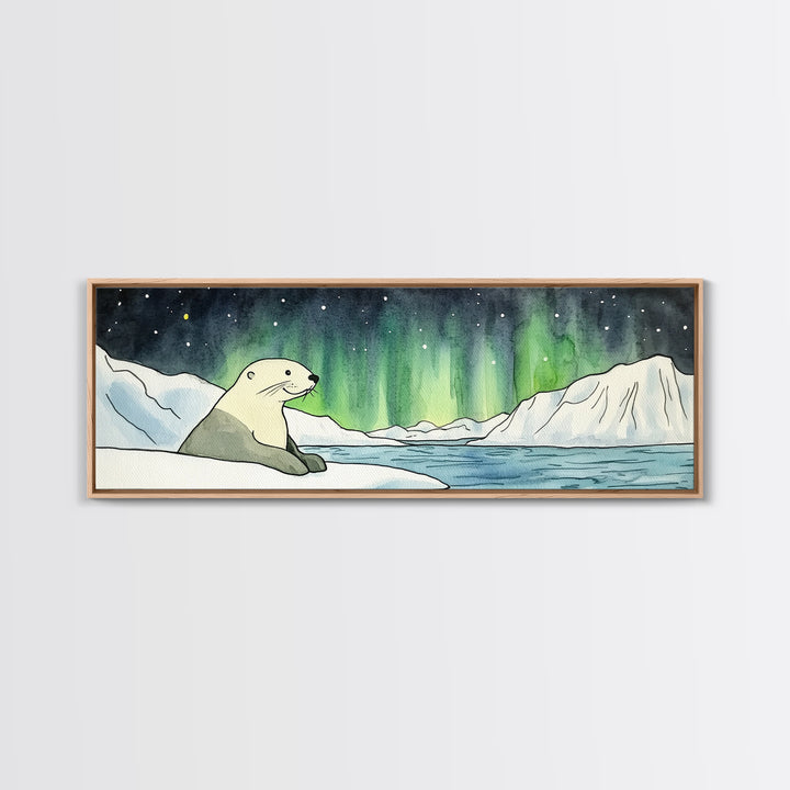 Polar Bear Northern Lights Wall Art, Arctic Wildlife Print, Winter Landscape Decor, Coastal Ocean Nursery Wall Decor Gift