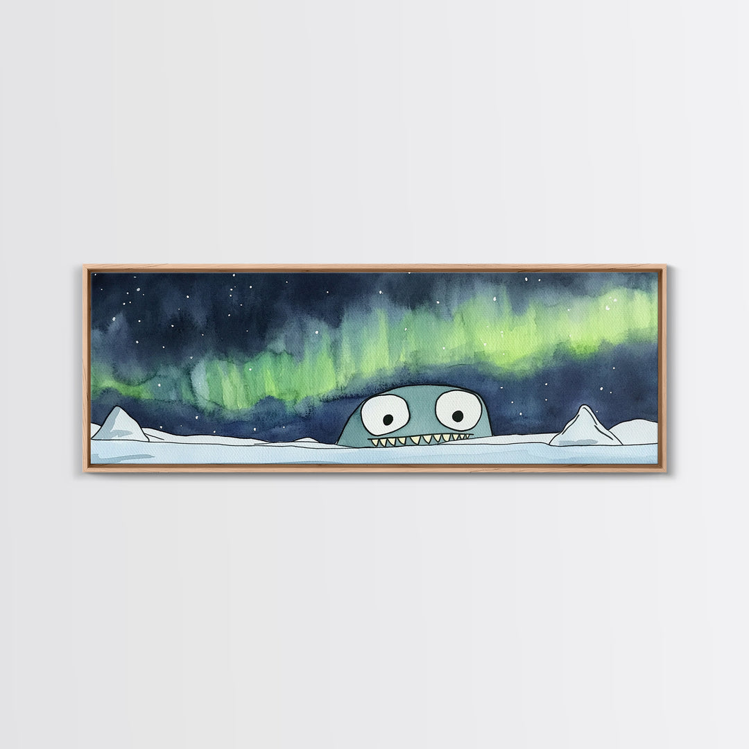 Cute Sea Monster Northern Lights Wall Art, Whimsical Arctic Print, Kids Room Decor, Playroom Nursery Wall Decor Gift For Kids