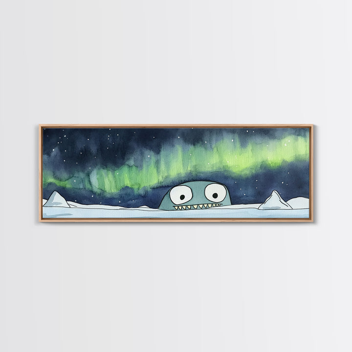 Cute Sea Monster Northern Lights Wall Art, Whimsical Arctic Print, Kids Room Decor, Playroom Nursery Wall Decor Gift For Kids