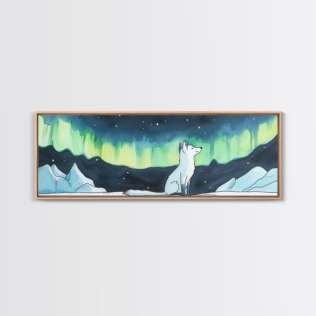 Arctic Fox Under Green Northern Lights Canvas Print, Aurora Borealis Wall Decor, Winter Nursery Art, Celestial Nature Gift