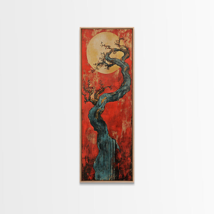 Twisted Blue Tree And Full Moon Framed Canvas Print, Japanese Wall Art, Red Sunset Decor, Long Narrow Statement Artwork Print