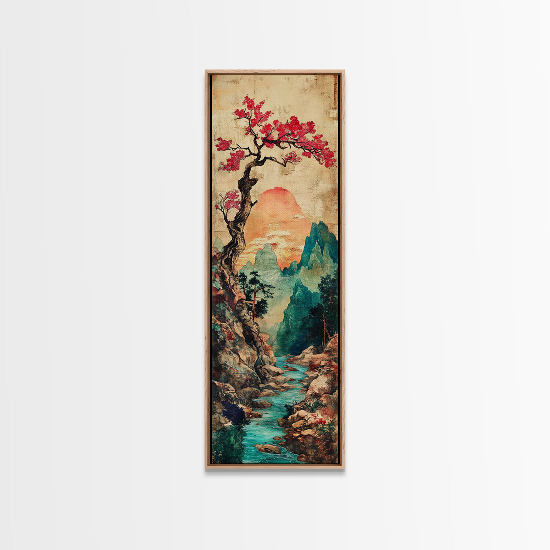 Cherry Blossom Mountain River Canvas Print, Japanese Landscape Wall Art, Teal Nature Decor, Romantic Spring Home Decor Print