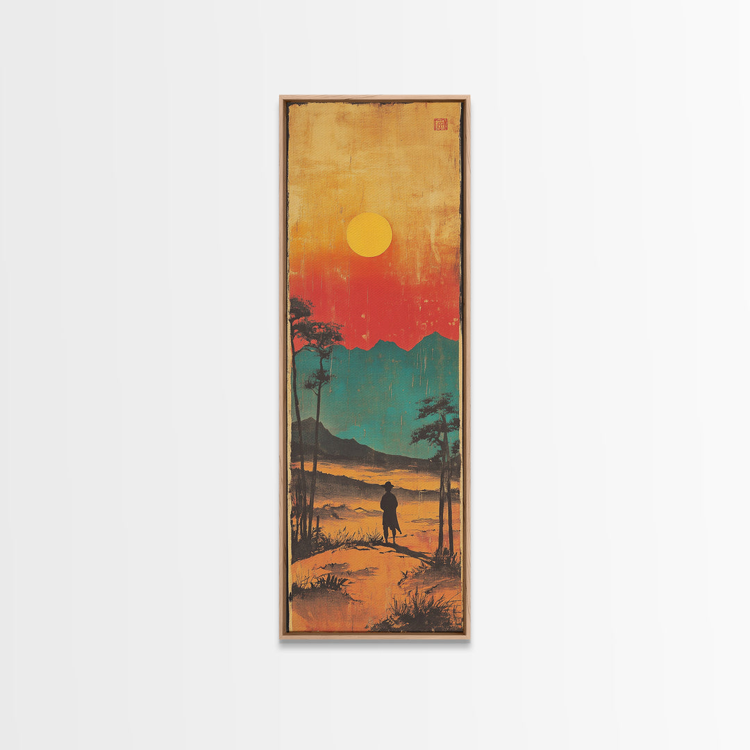 Lone Figure At Sunset Mountain Lake Framed Canvas Print, Japanese Landscape Wall Art, Moody Nature Decor, Vertical Poster