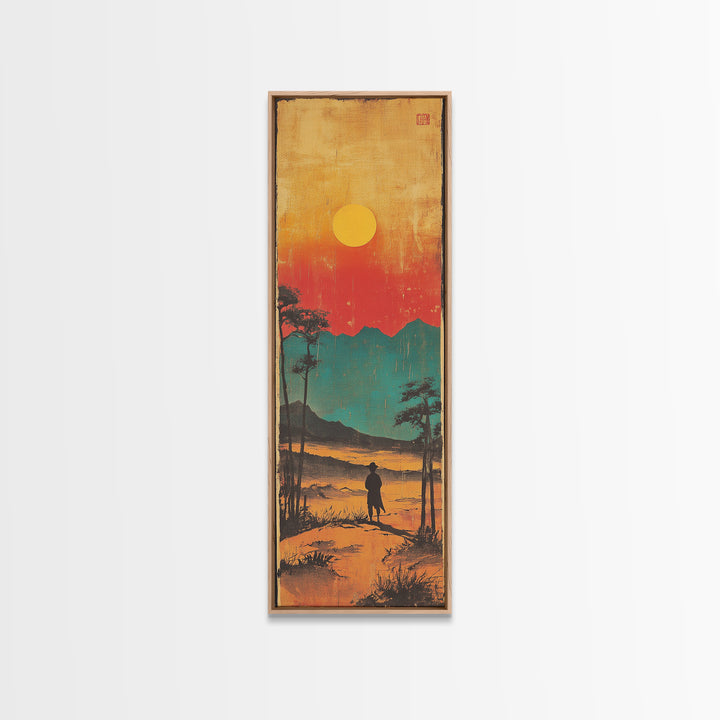 Lone Figure At Sunset Mountain Lake Framed Canvas Print, Japanese Landscape Wall Art, Moody Nature Decor, Vertical Poster