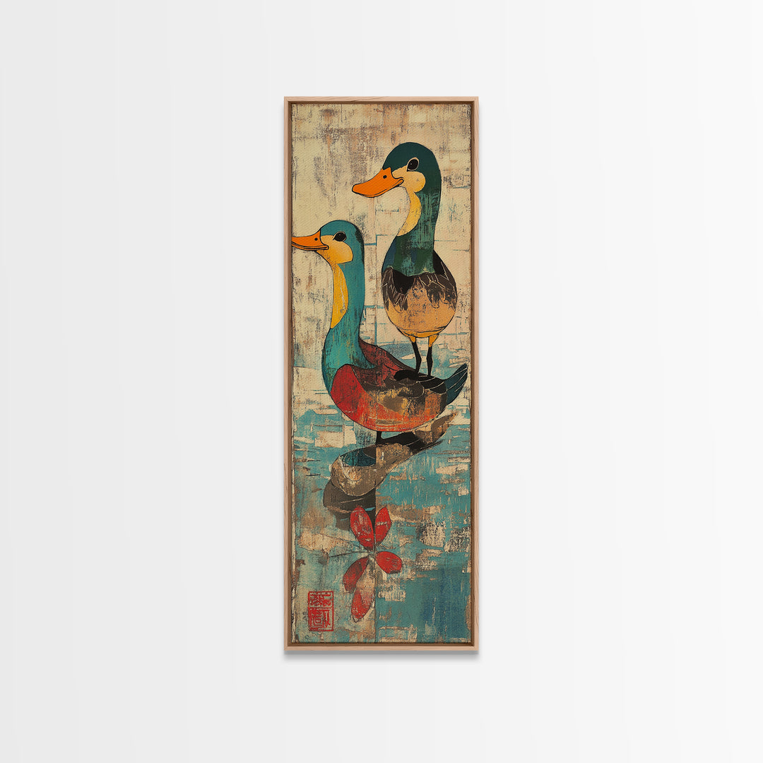 Two Colorful Mallard Ducks Wall Art, Whimsical Animal Print, Japanese Style Bathroom Decor, Cute Nursery Canvas Print Gift