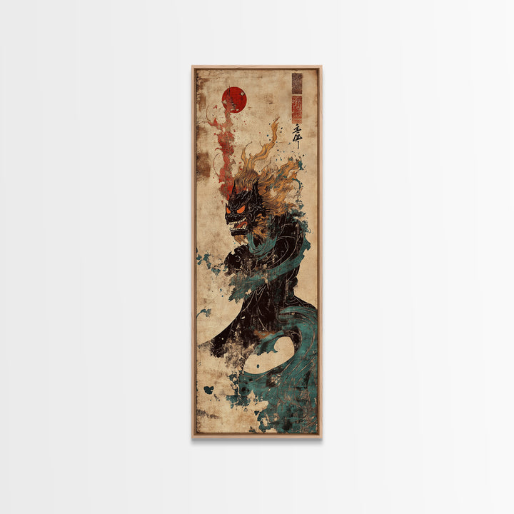 Dark Japanese Dragon With Red Sun Canvas Print, Mythical Fantasy Wall Art, Asian Warrior Decor, Gothic Statement Poster Art