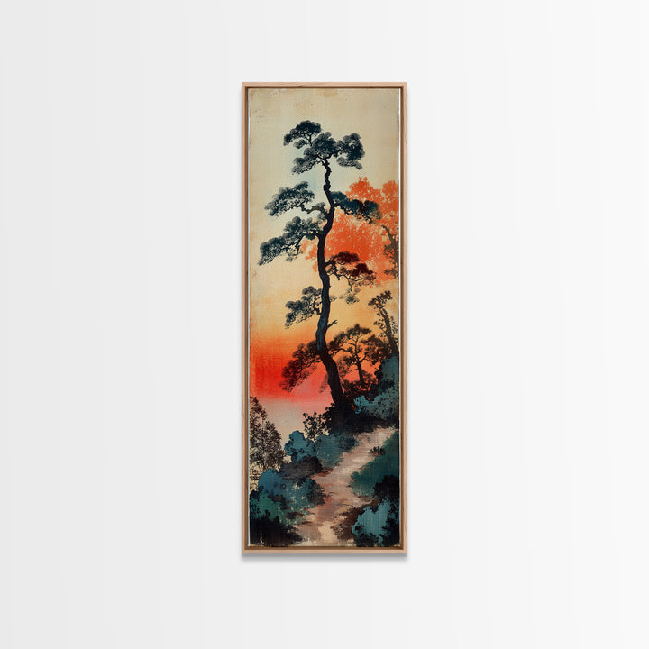 Tall Pine Trees At Sunset Wall Art, Japanese Forest Landscape Print, Misty Nature Decor, Long Vertical Canvas Print Home Decor