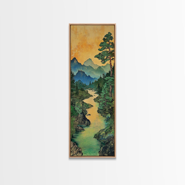 Turquoise River Mountain Landscape Wall Art, Japanese Nature Print, Rustic Cabin Decor, Large Canvas Wall Art For Living Room