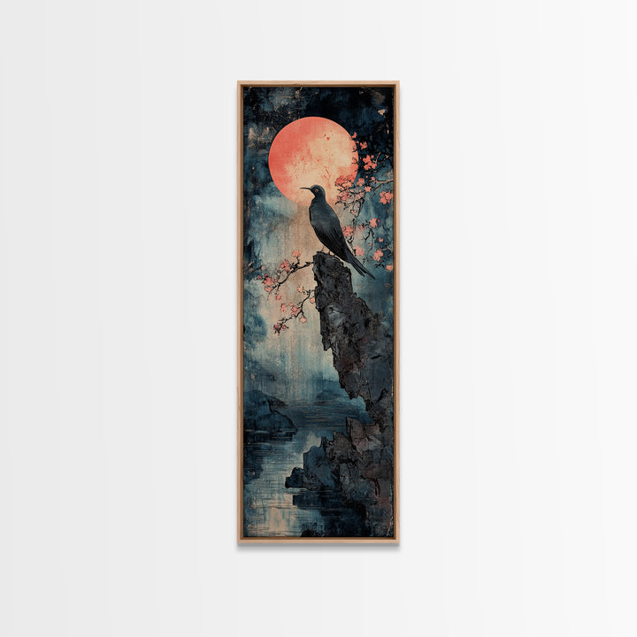 Black Bird By Pink Moon, Japanese Seascape Wall Art, Cherry Blossom Print, Moody Coastal Decor, Large Canvas Wall Art For Living Room