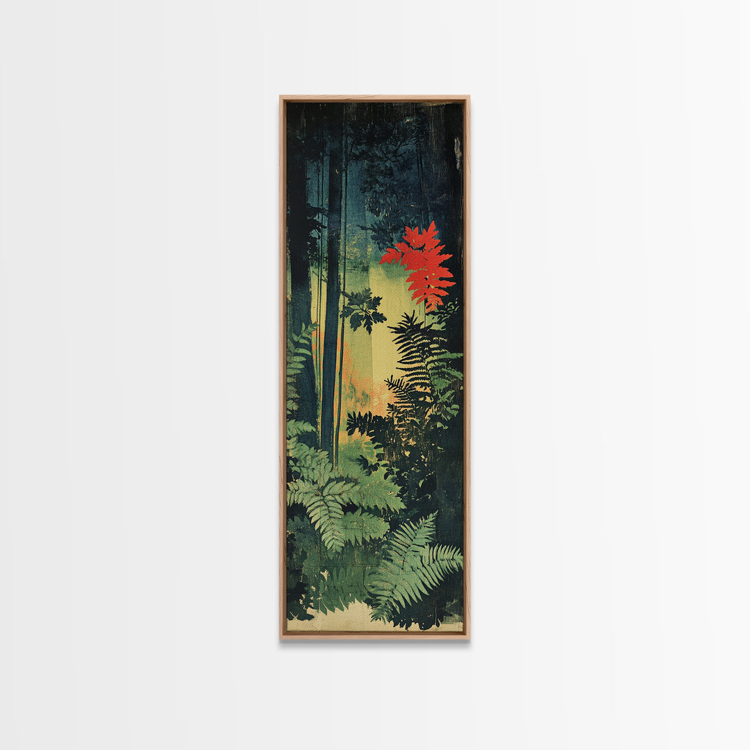 Dark Forest Ferns With Red Maple Glow Wall Art, Botanical Nature Print, Moody Woodland Decor, Large Framed Canvas Print For Spa Decor