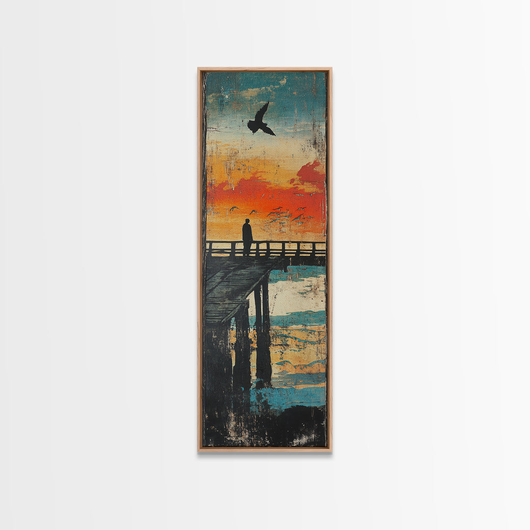 Sunset Pier Silhouette Framed Canvas Print, Coastal Wall Art, Ocean Landscape Art, Seaside Wall Decor, Living Room Decor