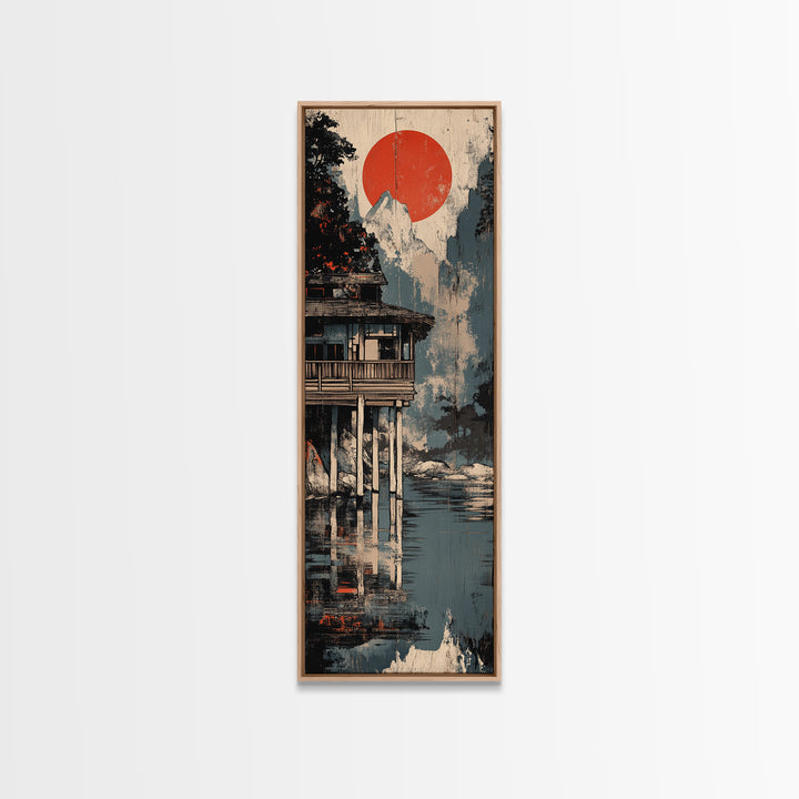 Mountain Lake Cabin Canvas Print, Japanese Wall Art, Japandi Wall Decor, Serene Landscape Art, Modern Coastal Home Decor
